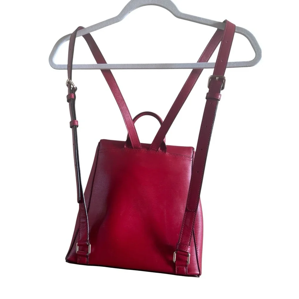 DKNY Bryant Red Leather Front Zipped Flap Over Backpack Purse Adjustable Straps